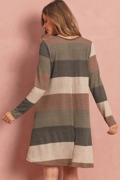 Long Sleeved Rib Stripe Pocket Dress