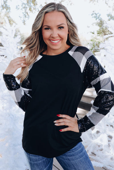 Black Sequin Plaid Patchwork Raglan Sleeve Top