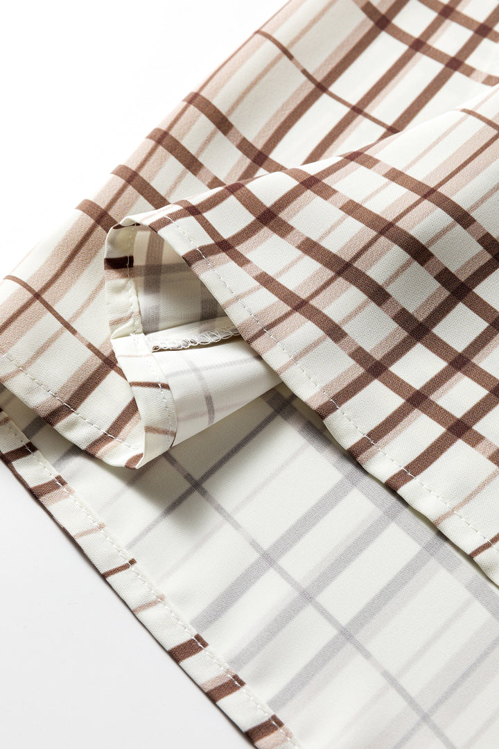 White Plaid Print Frilled Puffy Half Sleeve Blouse