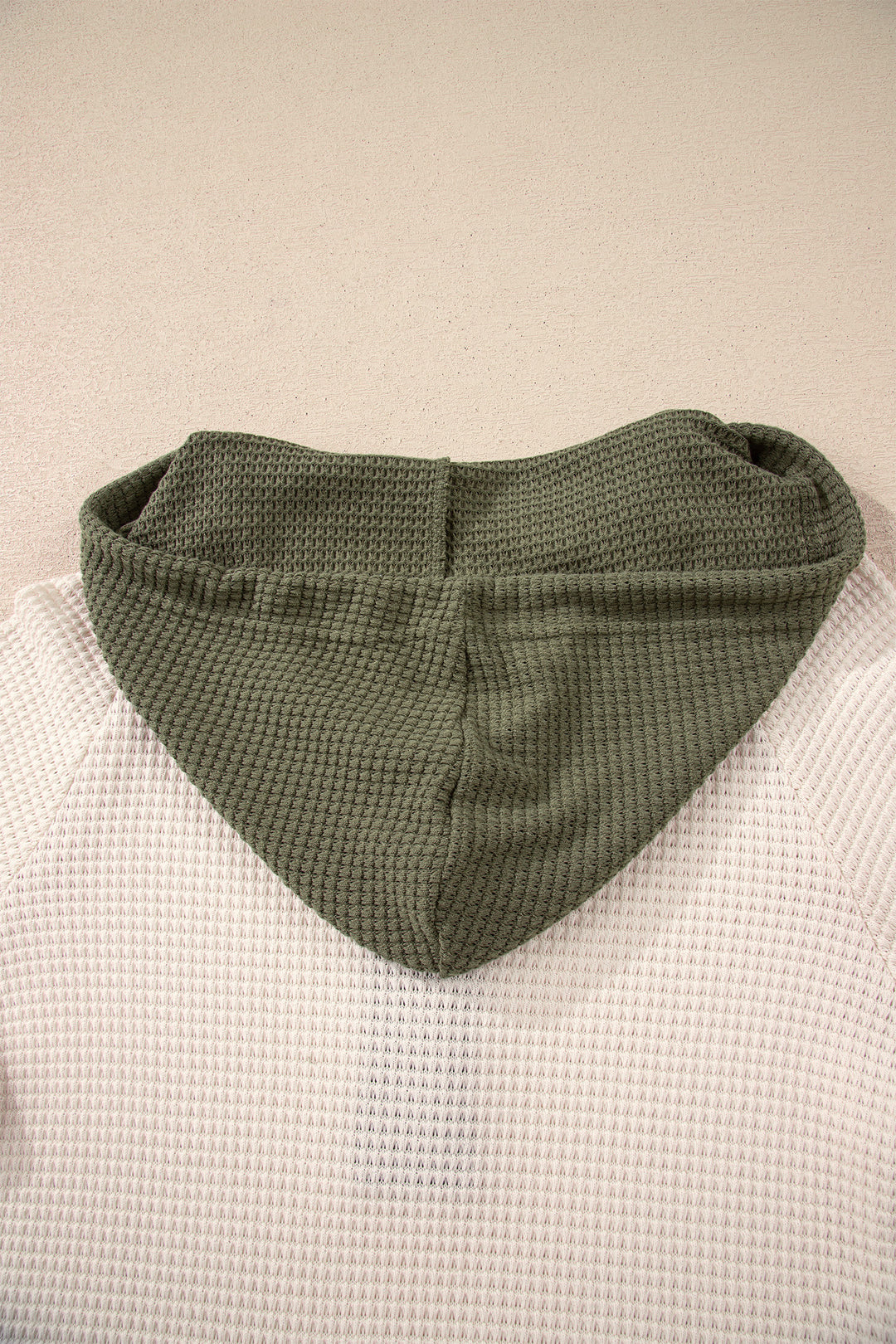 White Waffle Contrast Half Buttoned Hooded Pullover Top