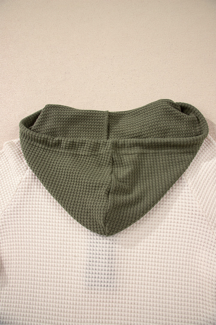 White Waffle Contrast Half Buttoned Hooded Pullover Top