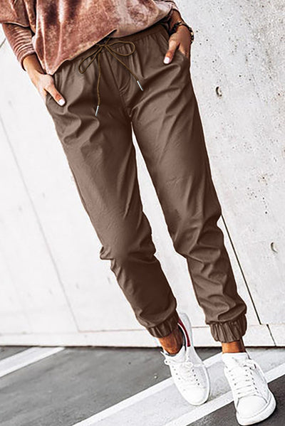 Brown Leather Tie Waist Jogger Pants