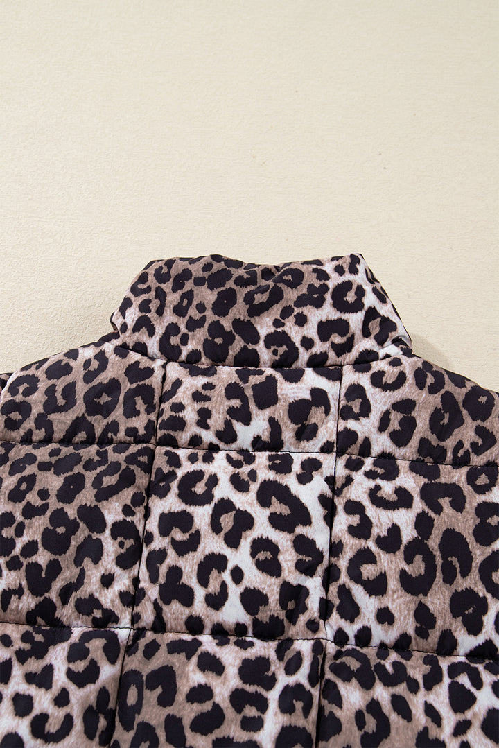 Brown Leopard Quilted Full Zipper Casual Puff Vest