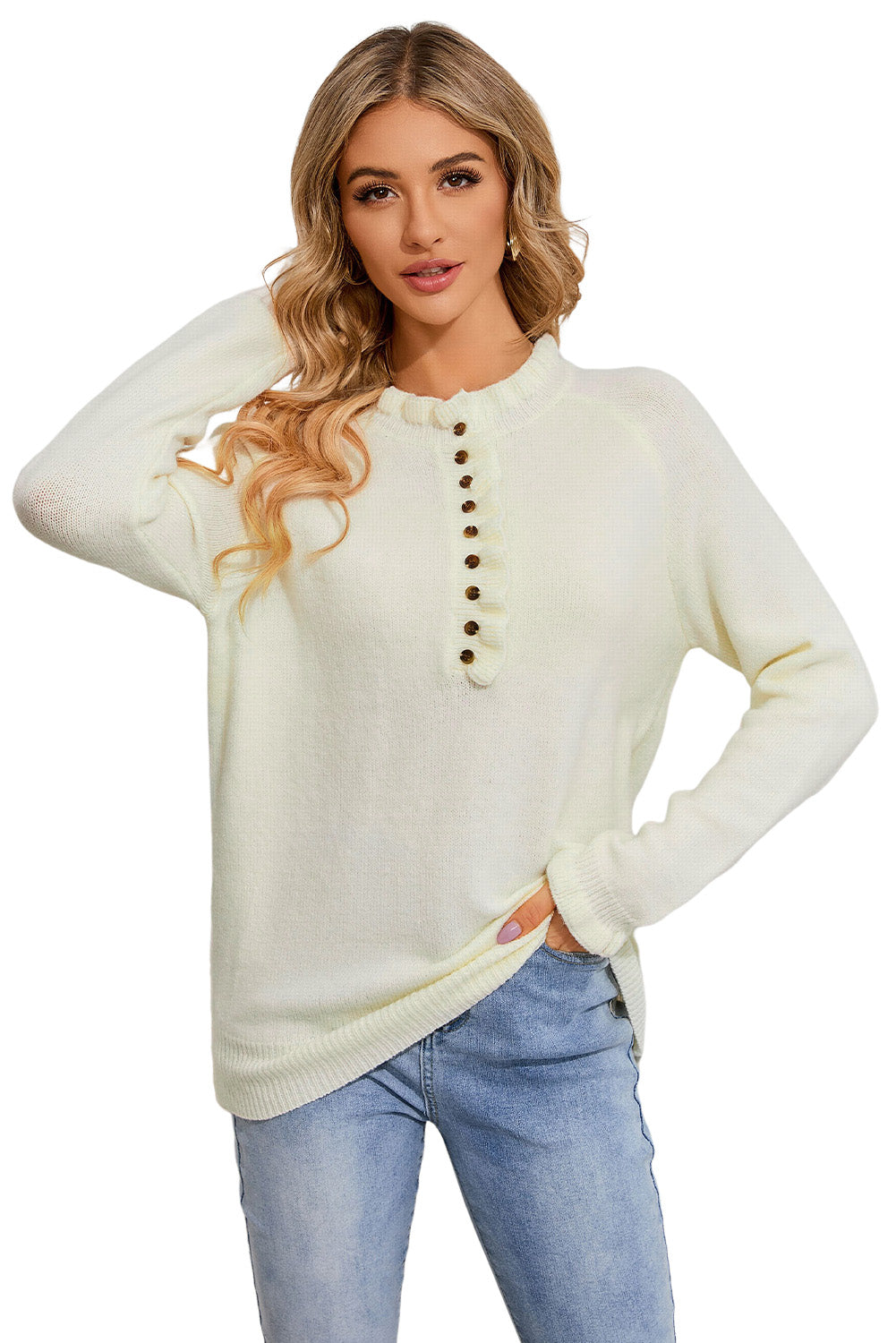 Beige Frill Trim Buttoned Knit Pullover Sweater