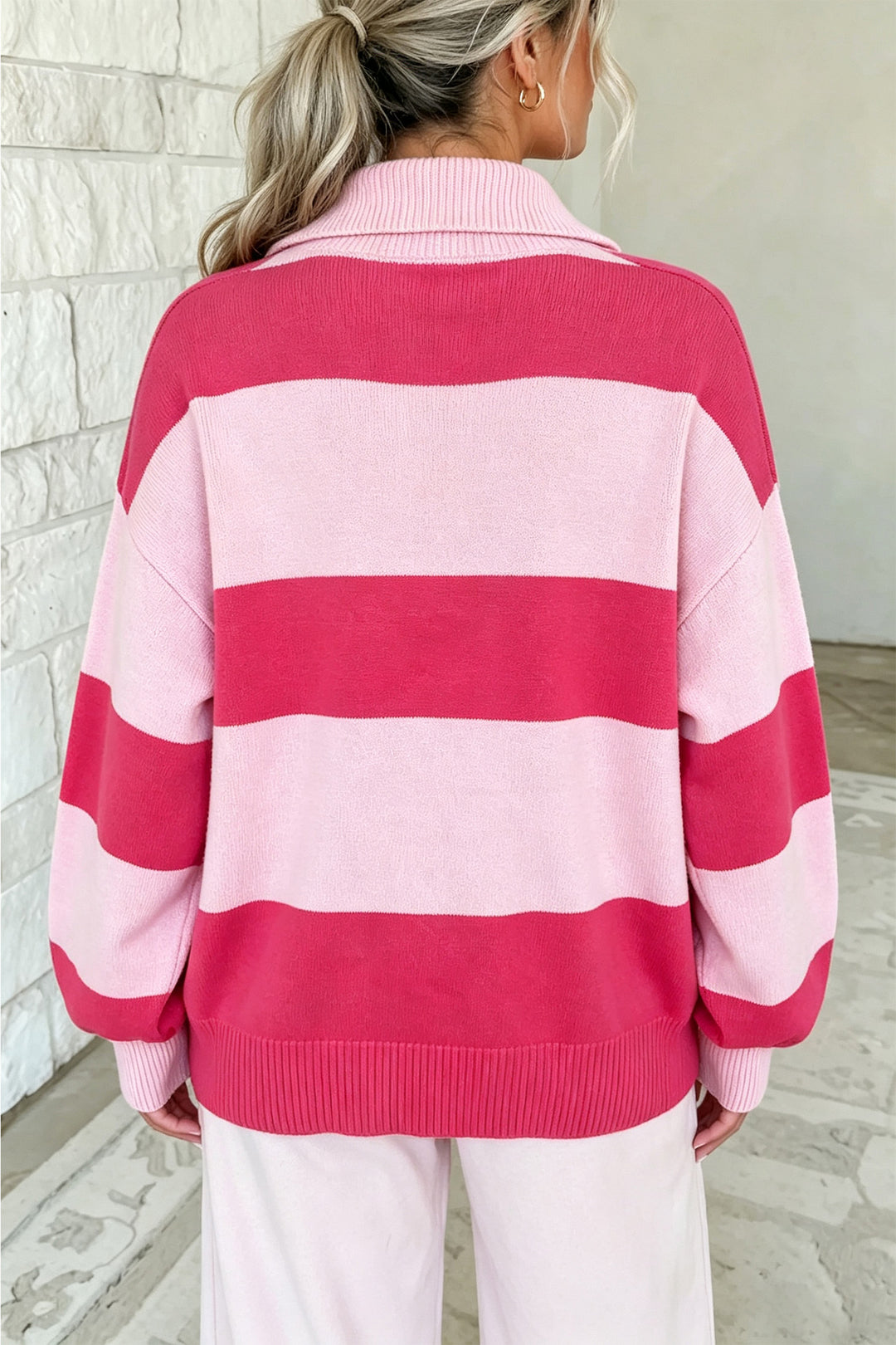 Strawberry Pink Casual Striped Color Block Zip Collar Pullover Sweater