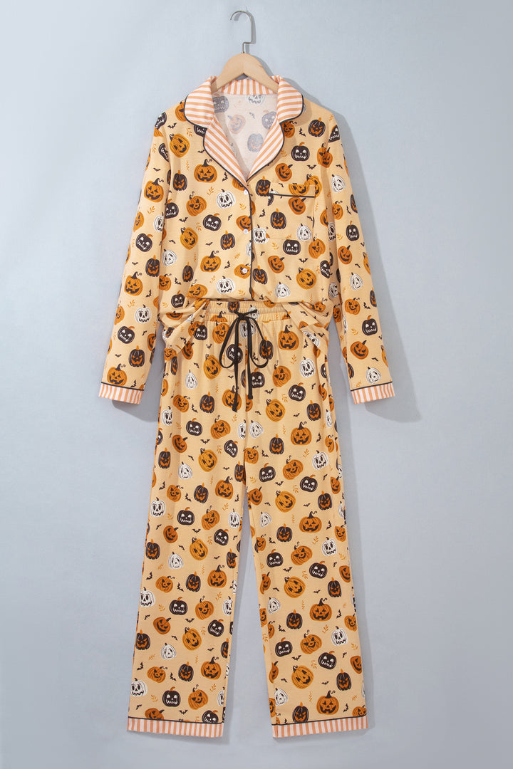 Orange Halloween Pumpkin Print Two Piece Long Sleeve Lounge Set