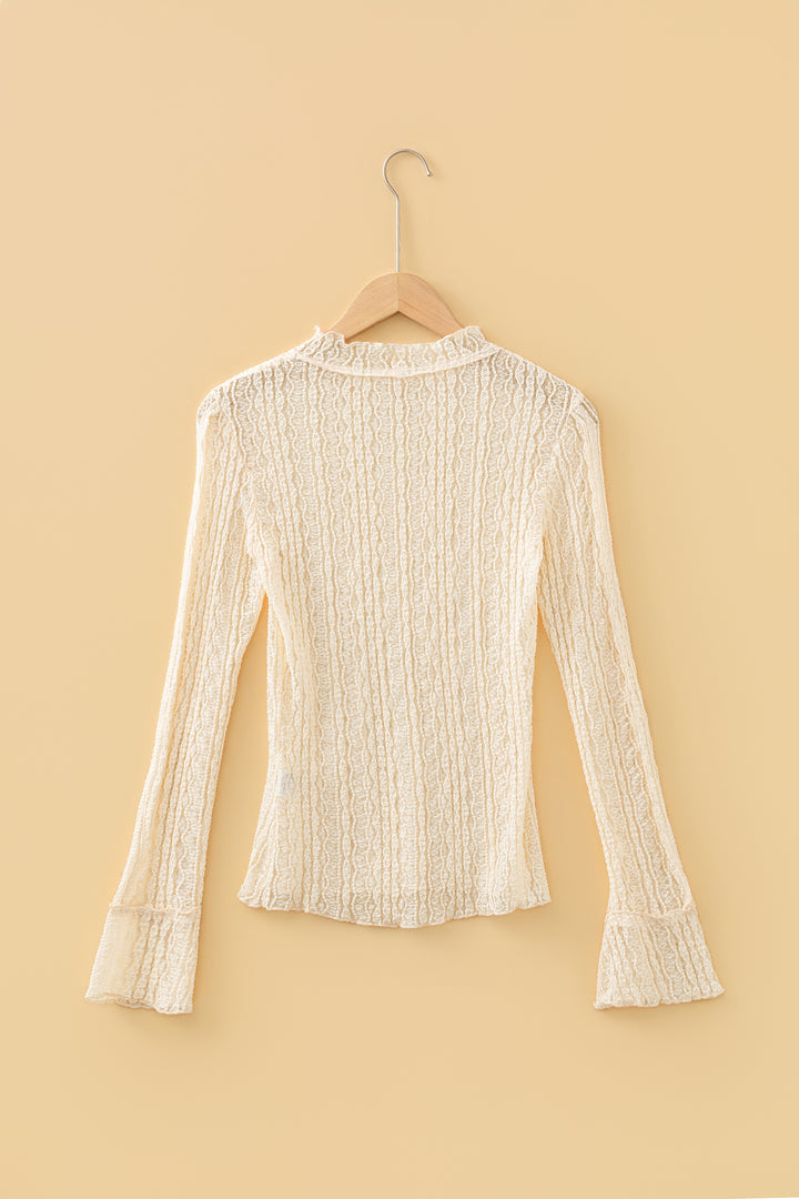 Apricot Flounced Long Sleeve Mock Neck Sheer Lace Top
