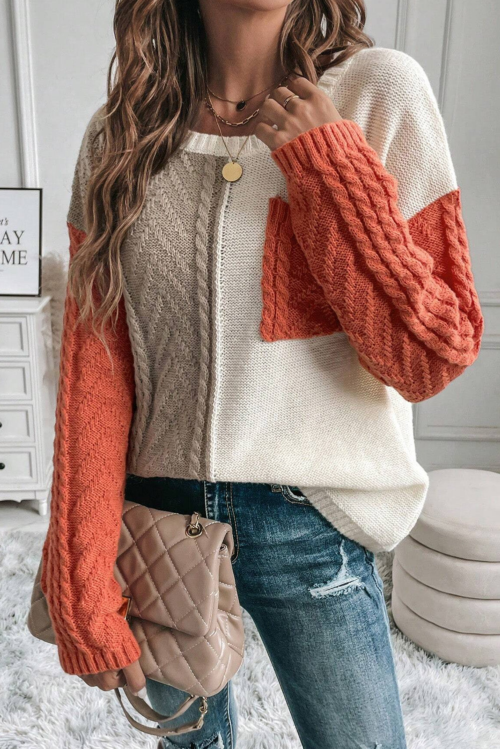 Gold Flame Colorblock Patched Pocket Drop Shoulder Sweater