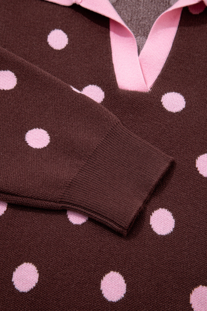 Pink Polka Dot Pattern Color Block Collared Loose Pullover Sweater