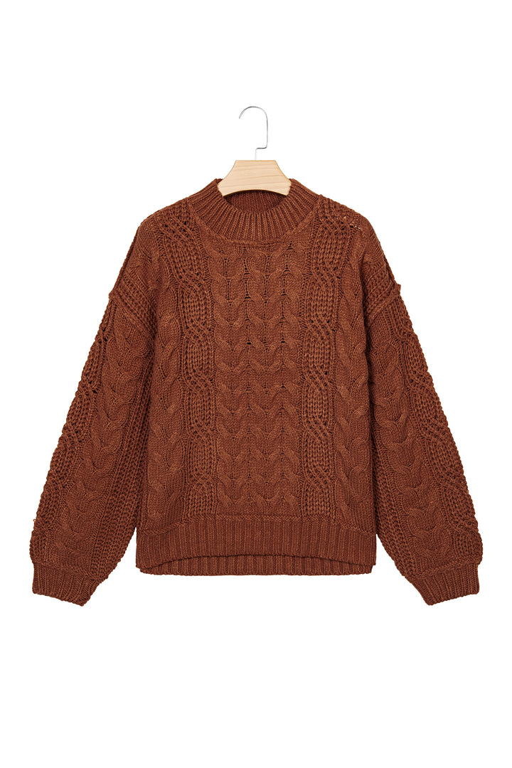 Coffee Solid Color Cable Knit High Neck Loose Pullover Sweater