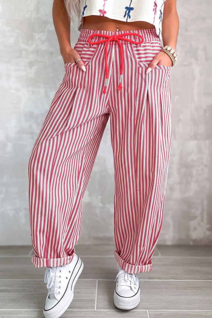 Red Stripe Drawstring Casual Loose Pants