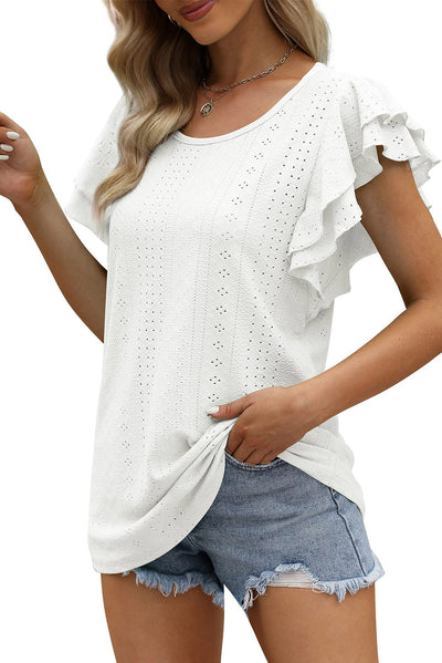 White Rhombus Textured Ruffle Short Sleeve Blouse