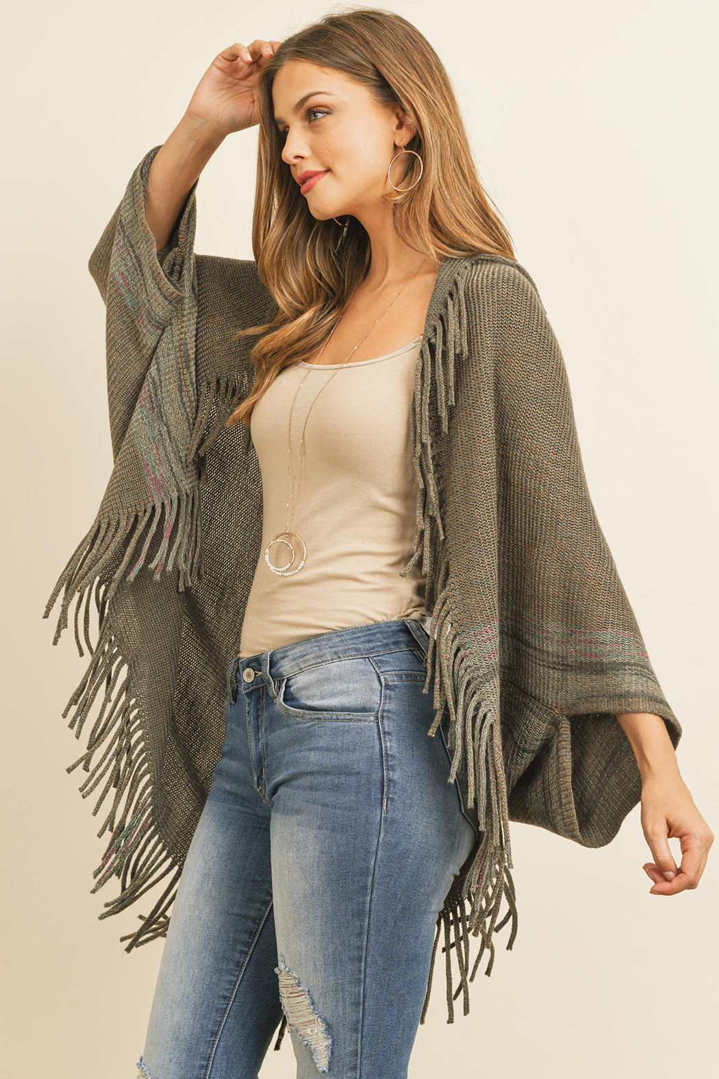 Fringe Stripe Open Front Kimono