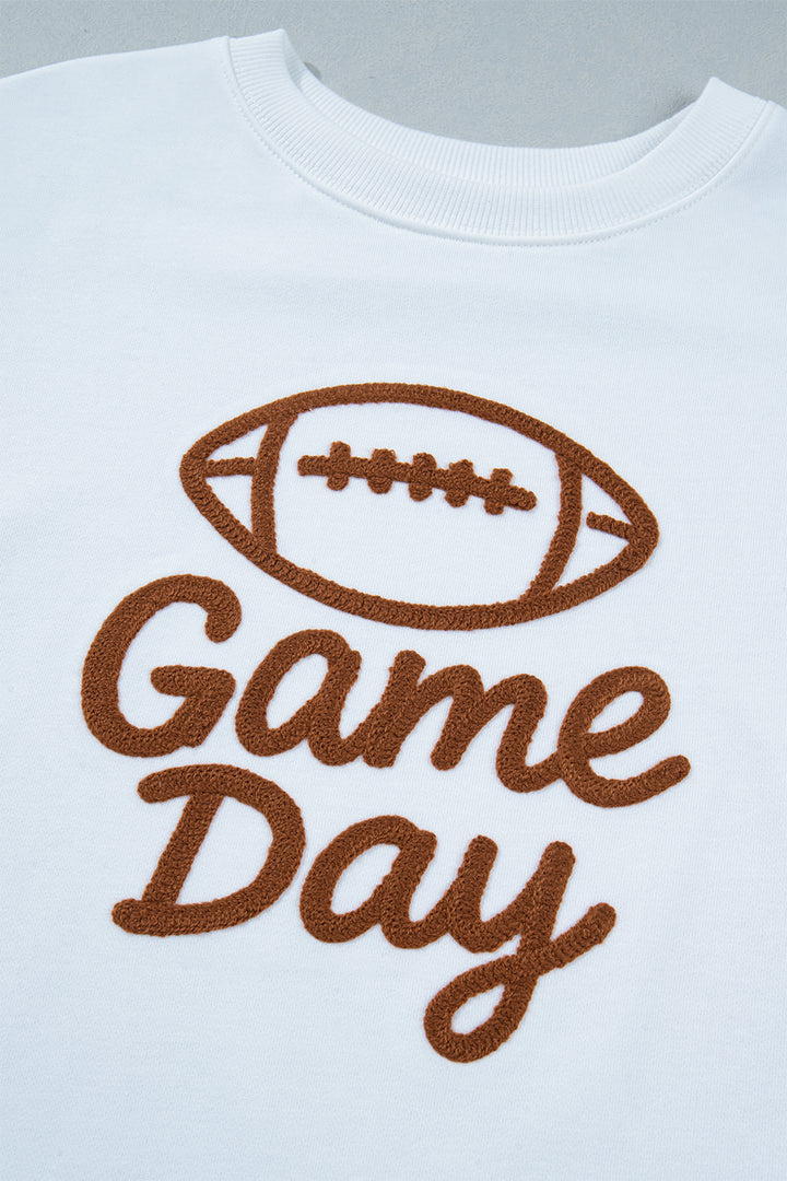 White Embroidered Slogan Game Day Rugby Pattern Crewneck Sweatshirt