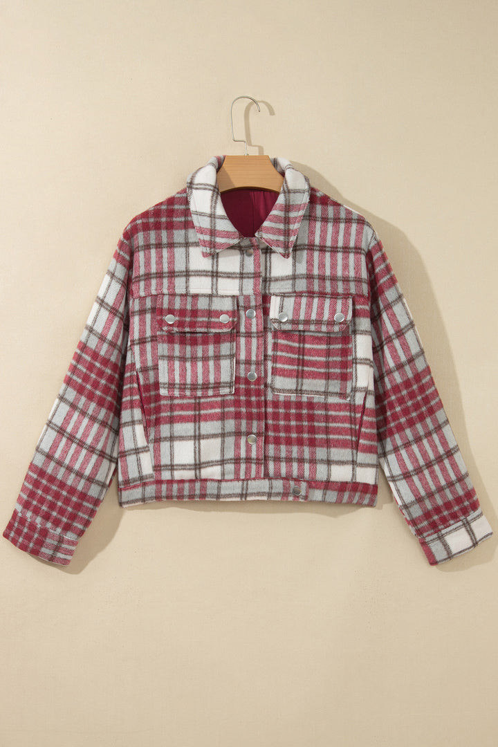 Red Plaid Flannel Metal Button Collar Long Sleeve Vintage Shift Jacket