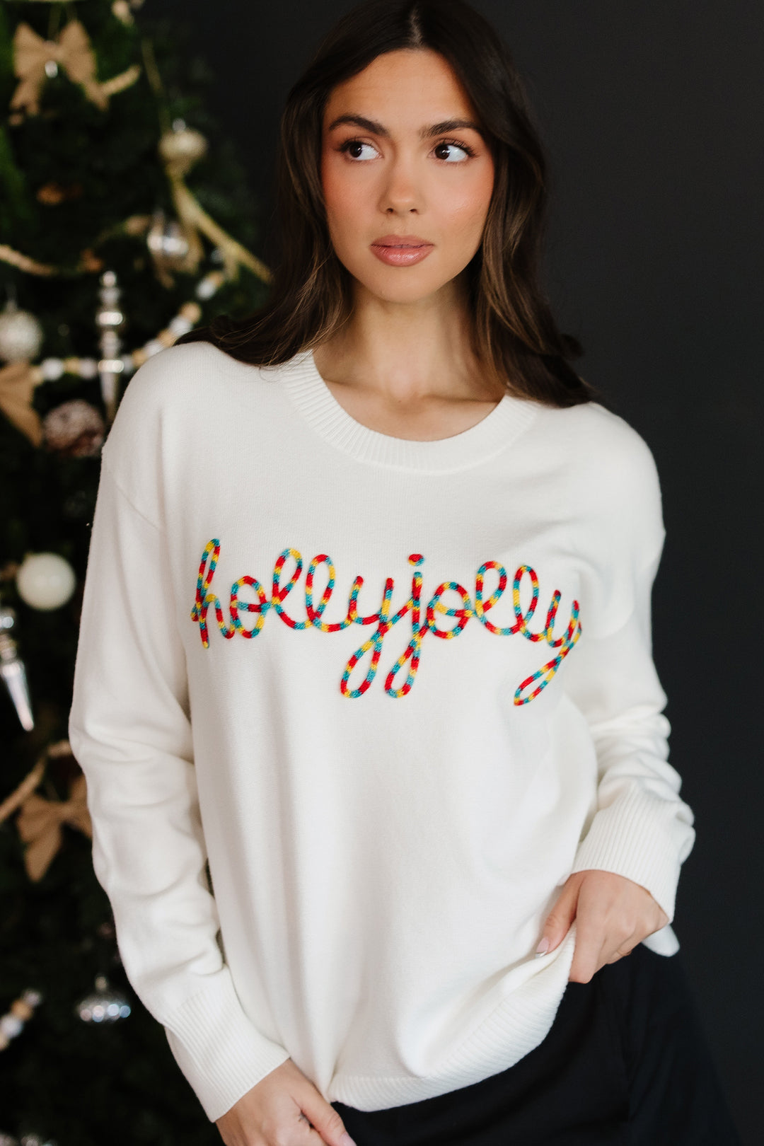 Beige Colorful Holly Jolly Christmas Knit Loose Sweater
