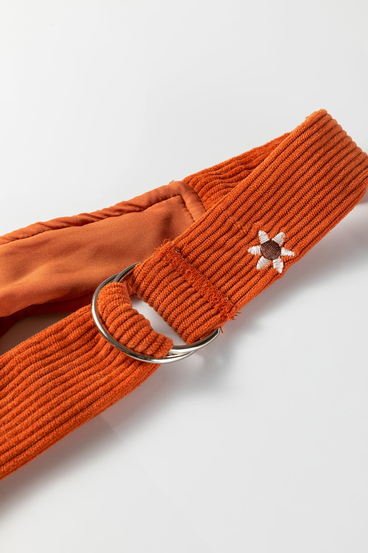 Gold Flame Flower Embroidered Corduroy Overall Mini Dress