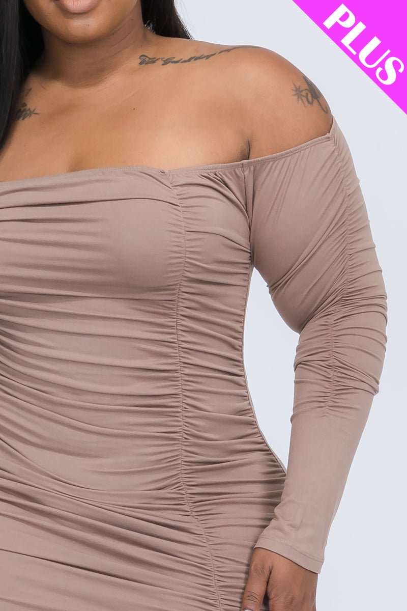 Plus Size Off Shoulder Ruched Long Sleeve Dress (CAPELLA)