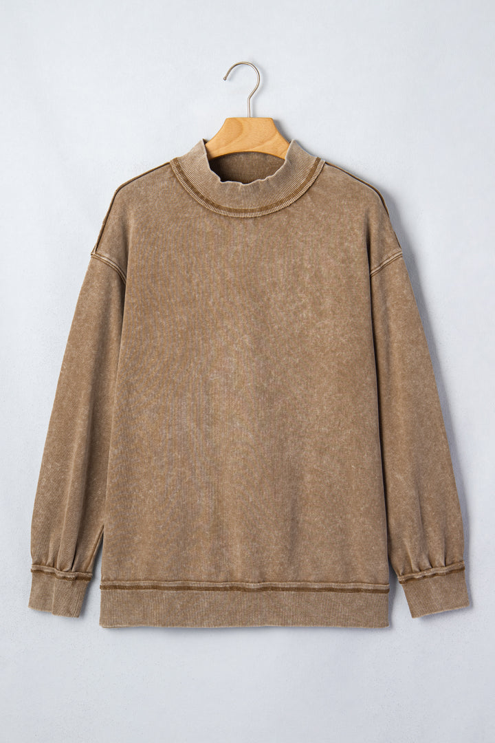 Brown High Neck Long Sleeve Toner Washed Vintage Sweatshirt
