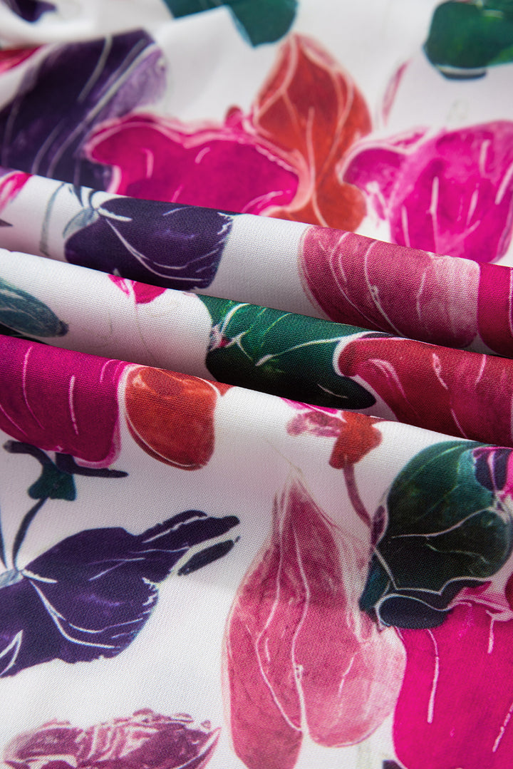 Purple Floral Print Contrast Striped Detail Long Sleeve Mini Dress