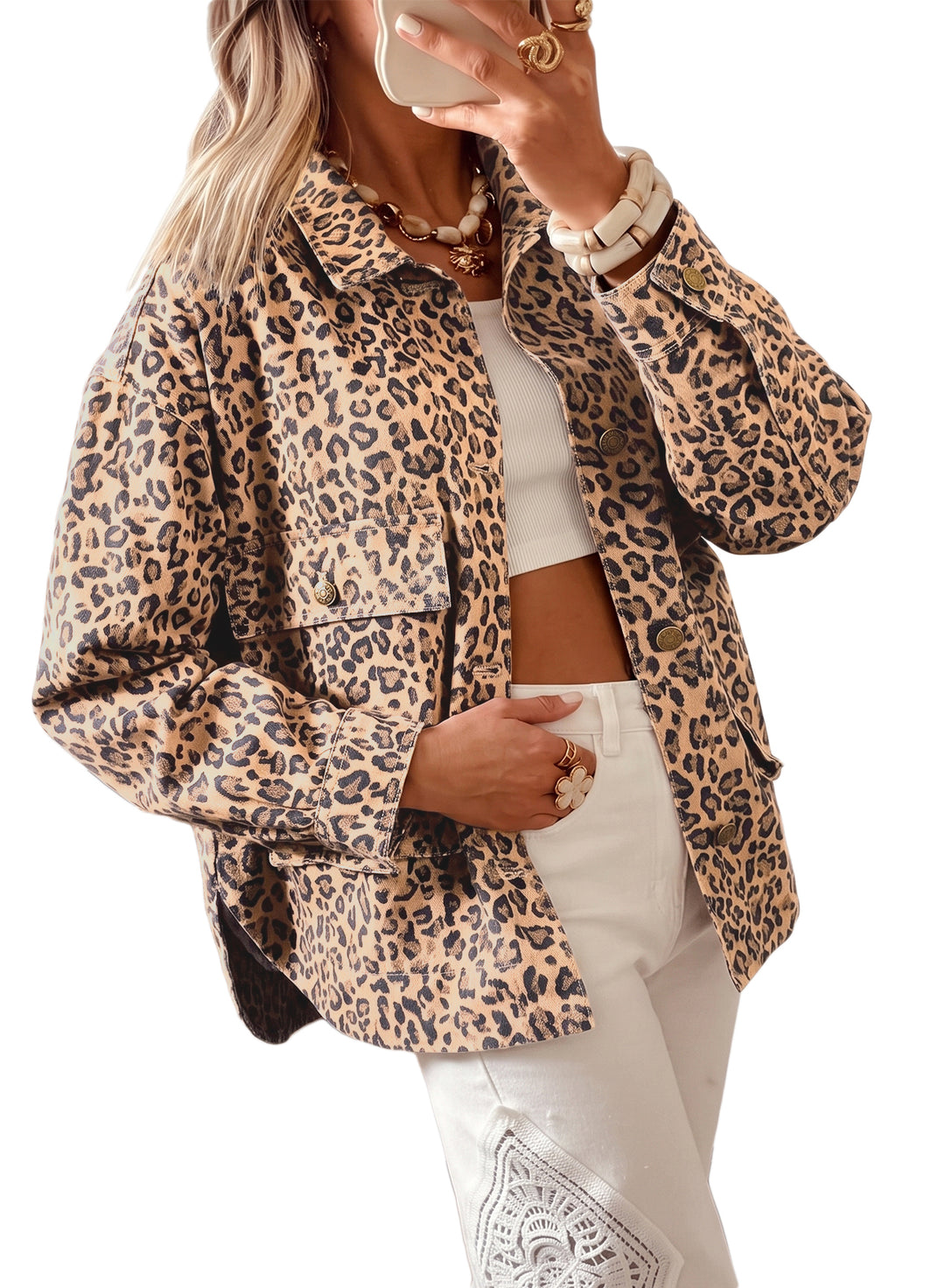 Khaki Leopard Print Collar Long Sleeve Patch Pocket Shift Denim Jacket