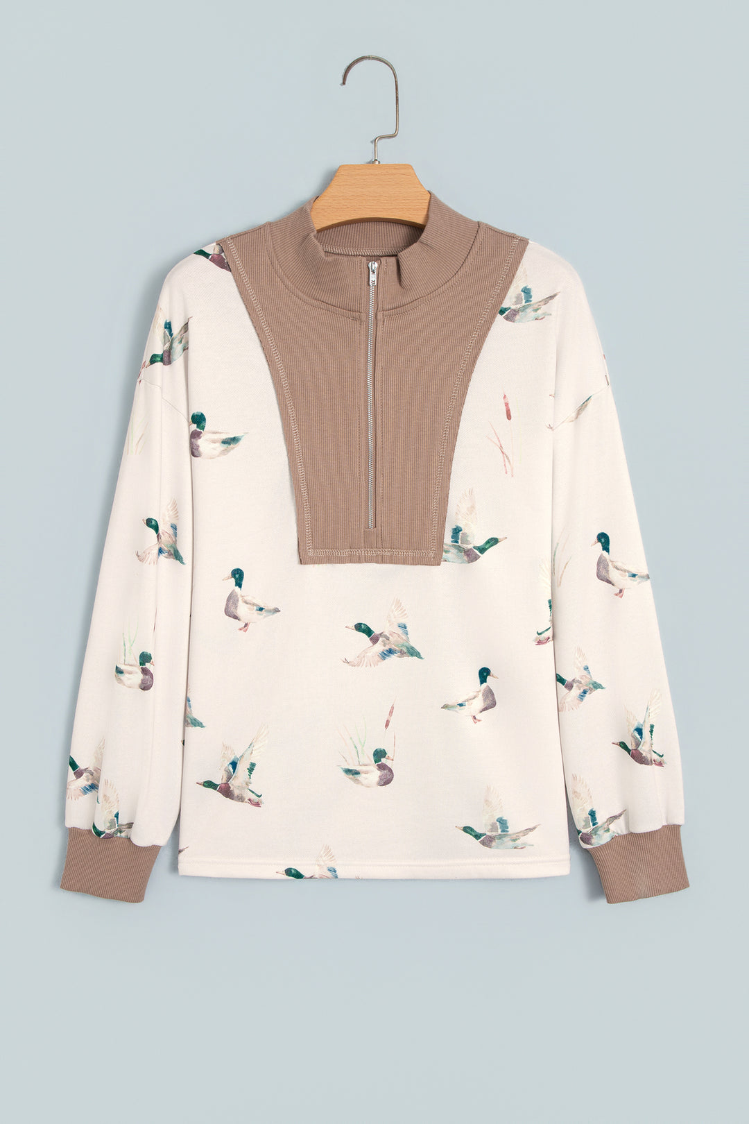 Beige Wild Mallard Print Color Block Patchwork Zip Neck Tunic Top