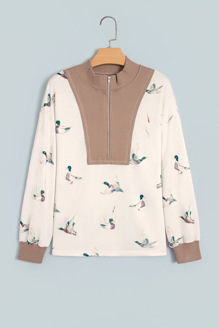 Beige Wild Mallard Print Color Block Patchwork Zip Neck Tunic Top