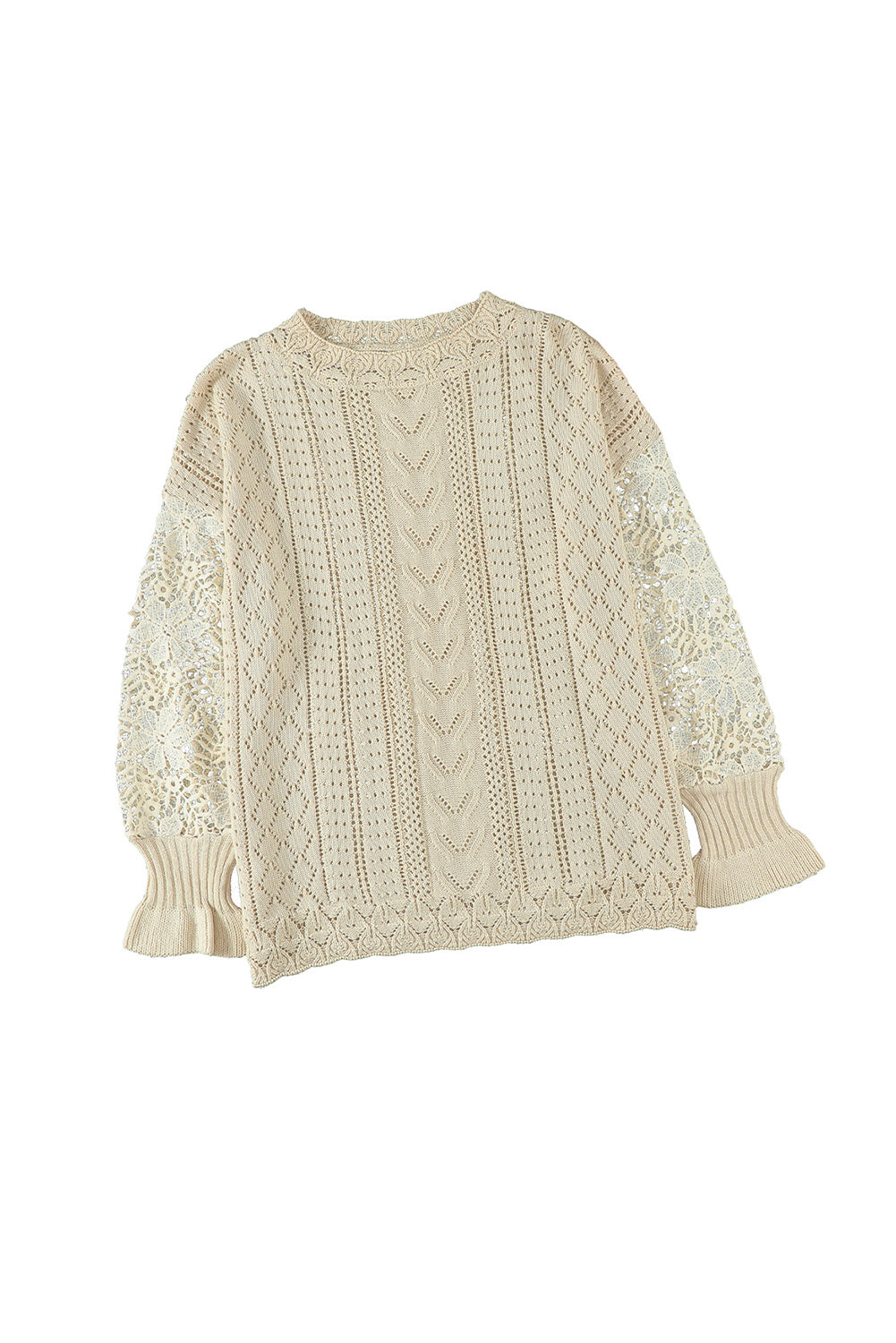 Apricot Crochet Lace Pointelle Knit Sweater