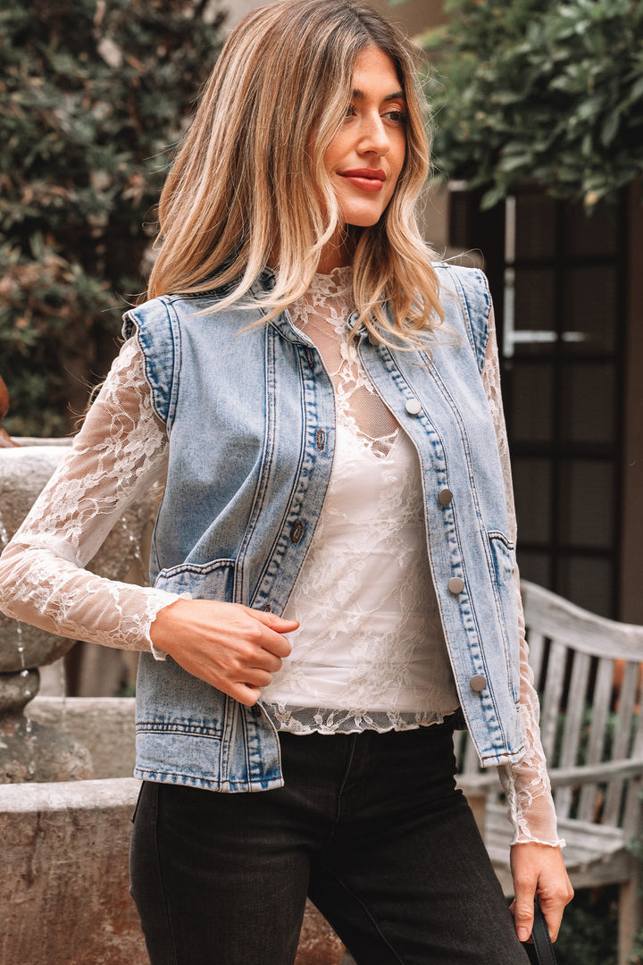 Beau Blue Scalloped Trim Patch Pocket Button Front Denim Vest