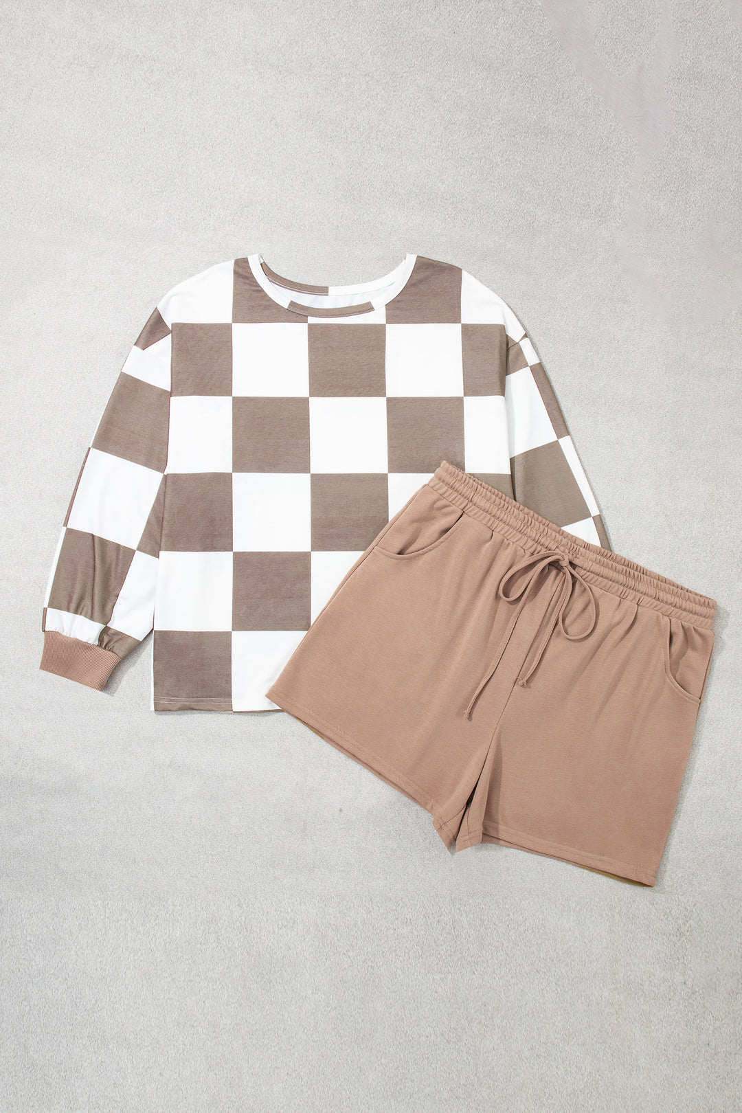 Khaki Checkered Contrast Long Sleeve Top Solid Shorts Plus Size 2pcs Set