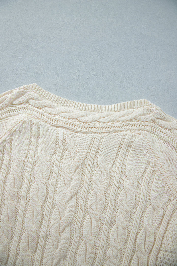 Beige Drop Shoulder Round Neck Cable Knit Sweater