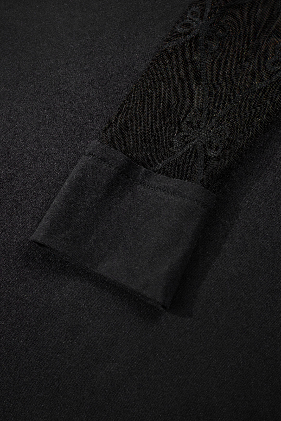 Black Solid Color Bow Textured Patchwork Long Sleeve Tee