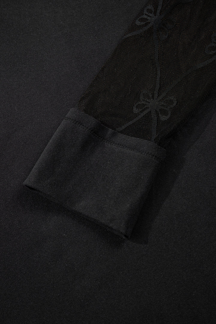 Black Solid Color Bow Textured Patchwork Long Sleeve Tee