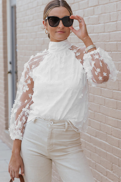 White Mock Neck Floral Mesh Long Sleeve Top