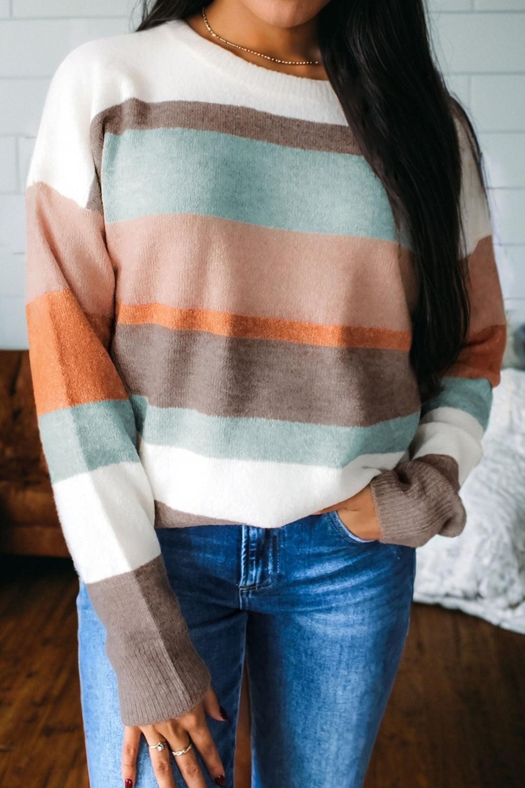 White Striped Color Block Knit Drop Shoulder Sweater