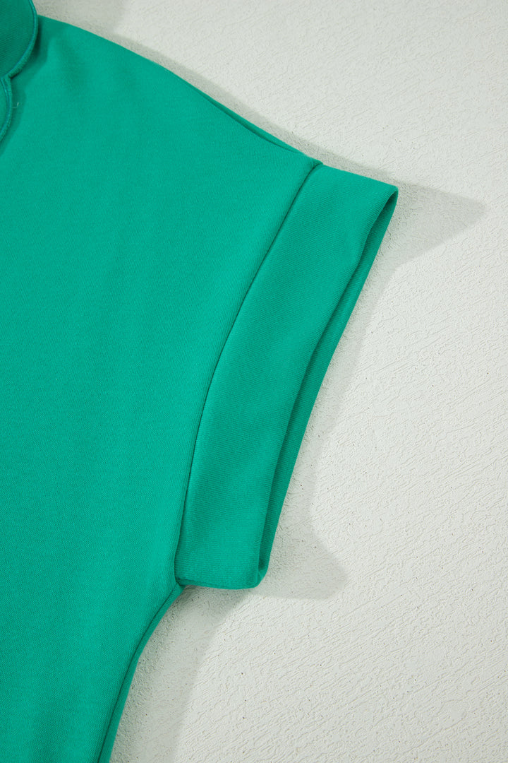 Sea Green Solid Color Snap Button Polo Collar Short Sleeve Scallop Hem Mini Dress