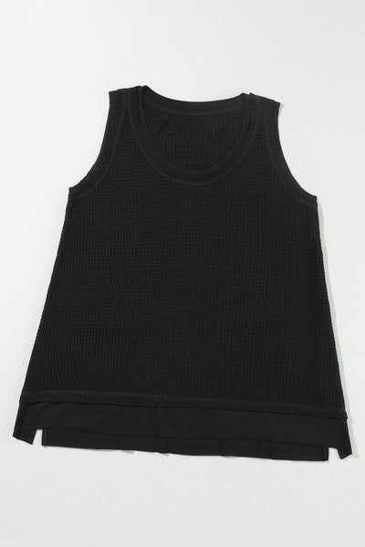 Black Scoop Neck Waffle Knit Flowy Vest