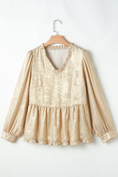 Gold Metallic Frilled V Neck Puff Sleeve Babydoll Blouse