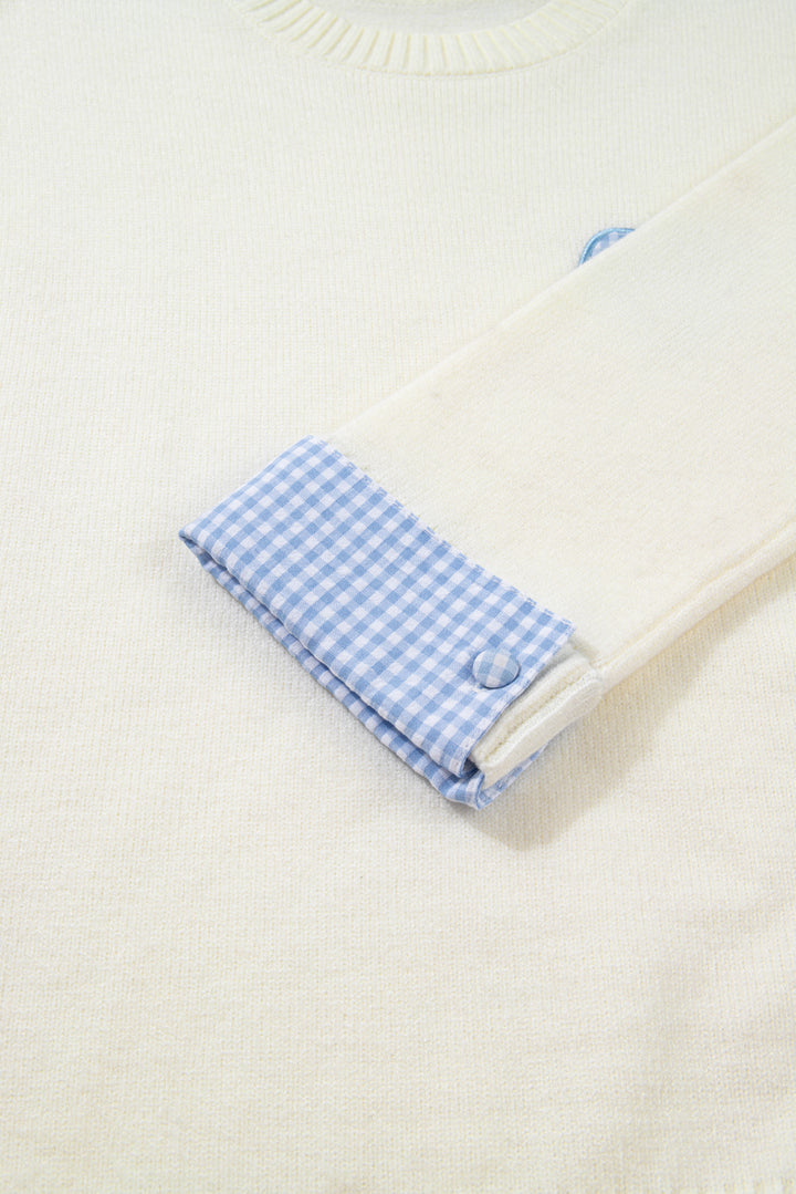 White Plaid Heart Embroidered Cuffed Drop Shoulder Crew Neck Sweater