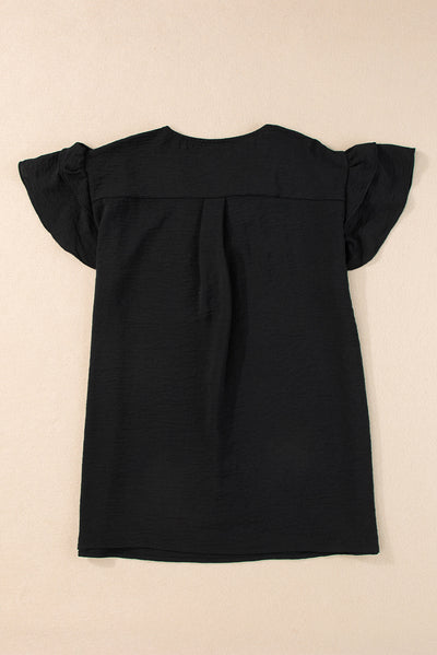 Black V Neck Ruffle Short Sleeve Blouse