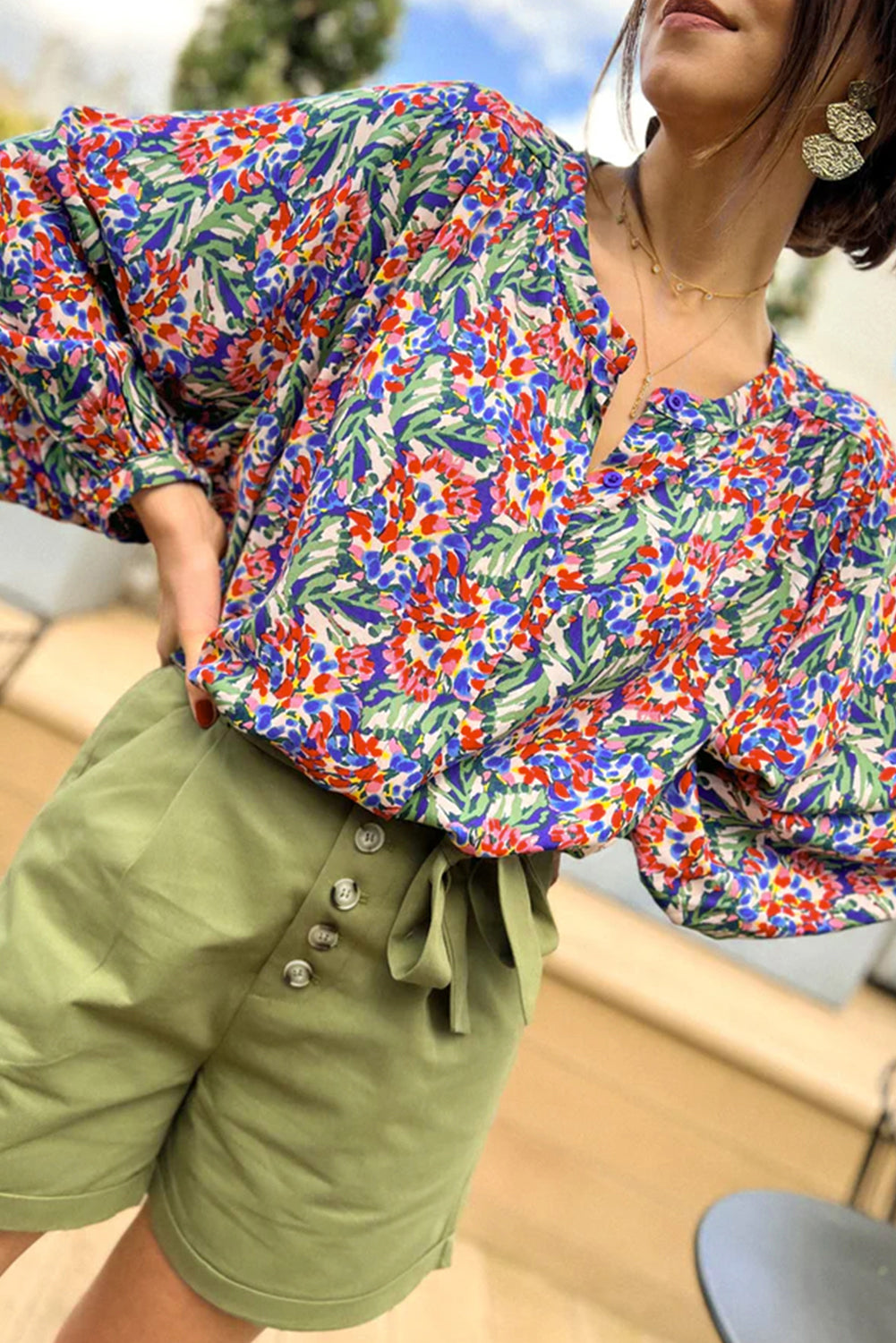 Multicolor Floral Balloon Sleeve Loose Blouse