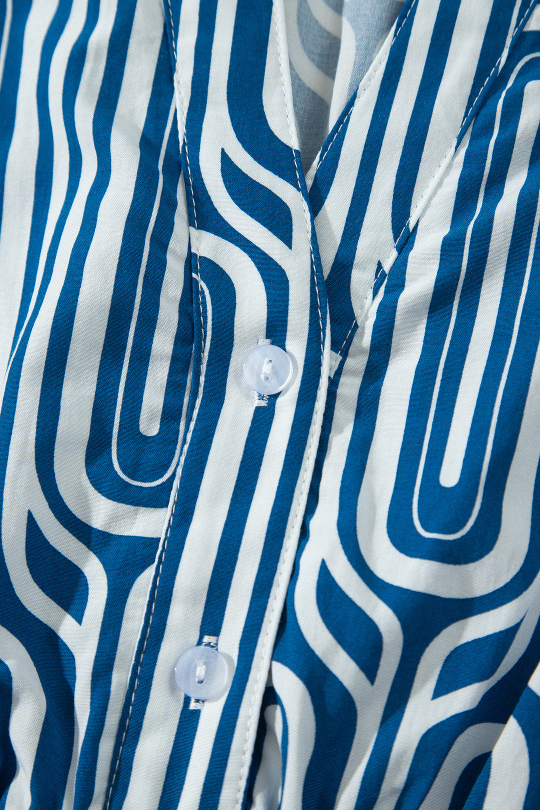 Blue Geometric Print Short Sleeve Drawstring Shirt Collar Dress