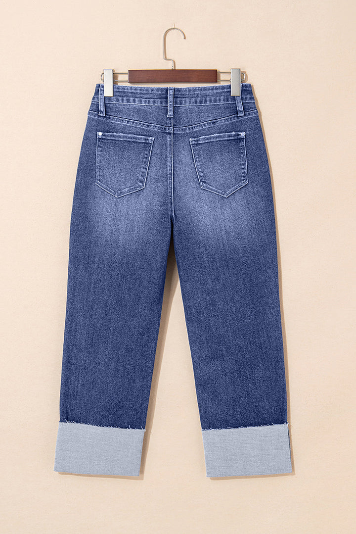 Jacy Cuffs Distressed Straight High Waist Jeans