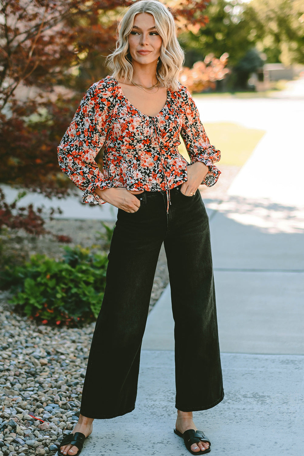 Orange Floral Flounce Sleeve Front Tie Sweetheart Neck Blouse