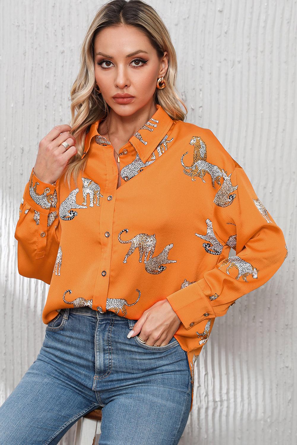 Russet Orange Cheetah Animal Print Button Up Satin Shirt