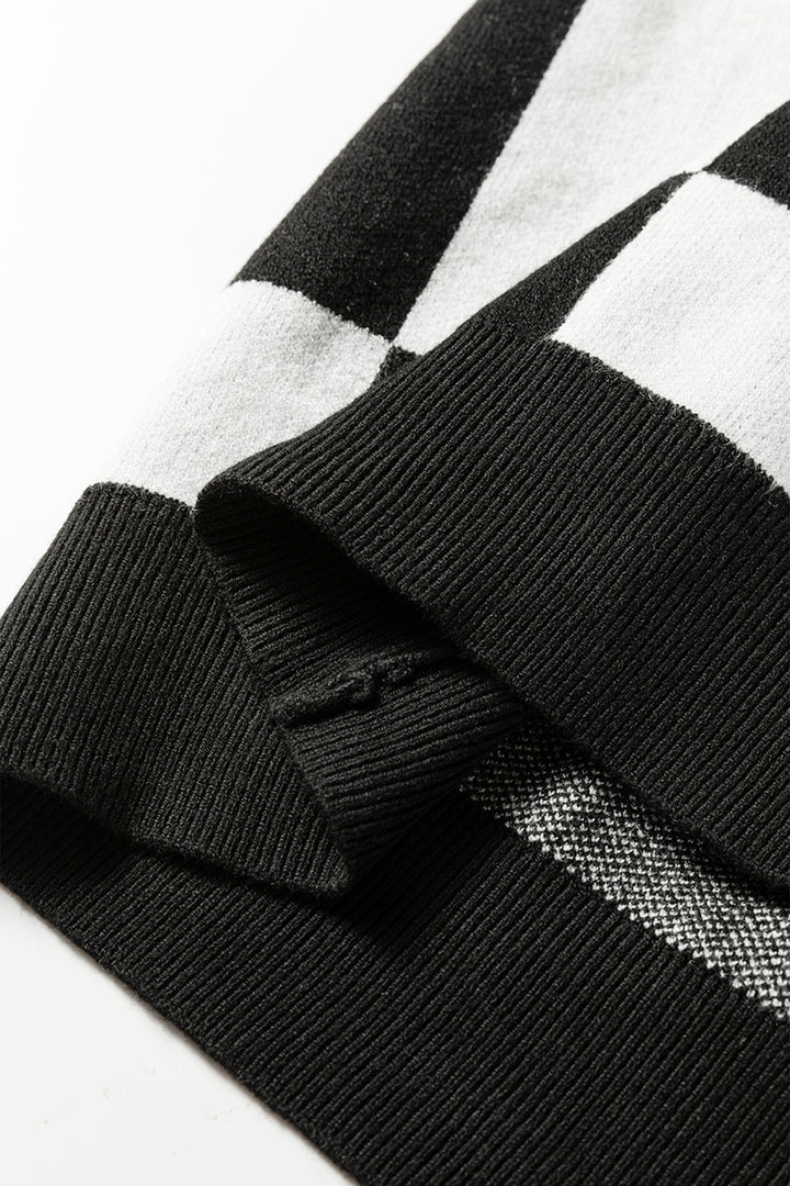 Black Checkered Pattern Loose Drop Shoulder Half Sleeve Sweater