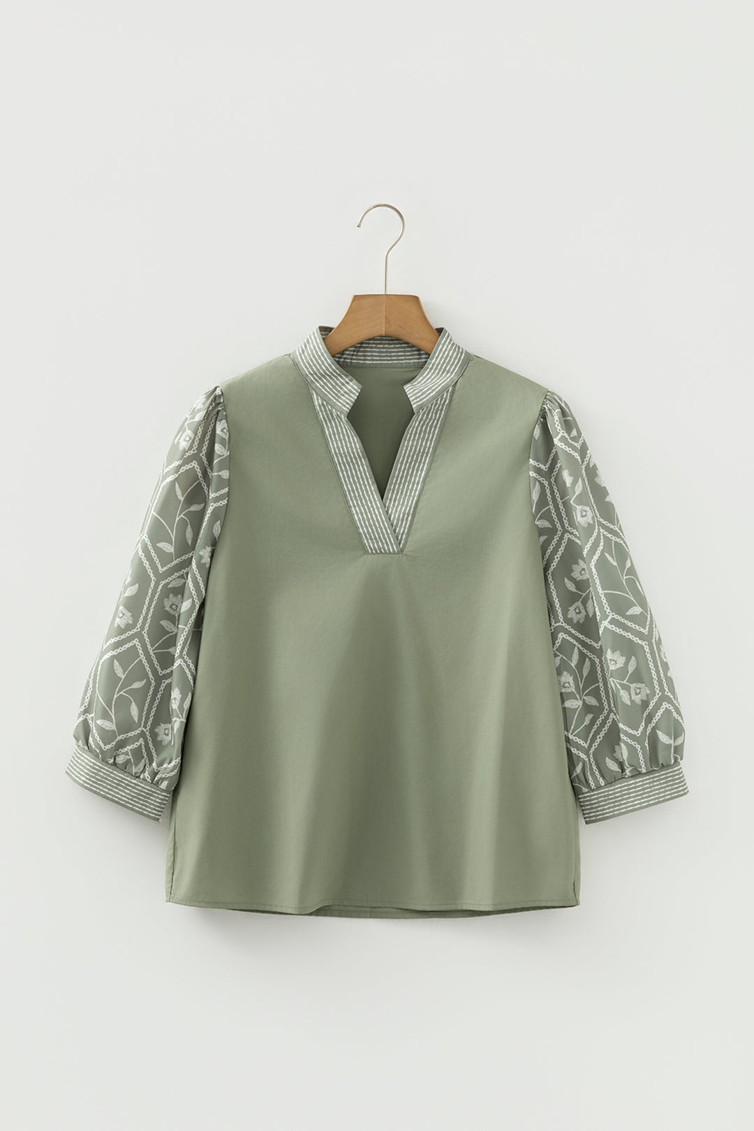 Grass Green Floral Puff Sleeve Contrast V Neck Patchwork Blouse