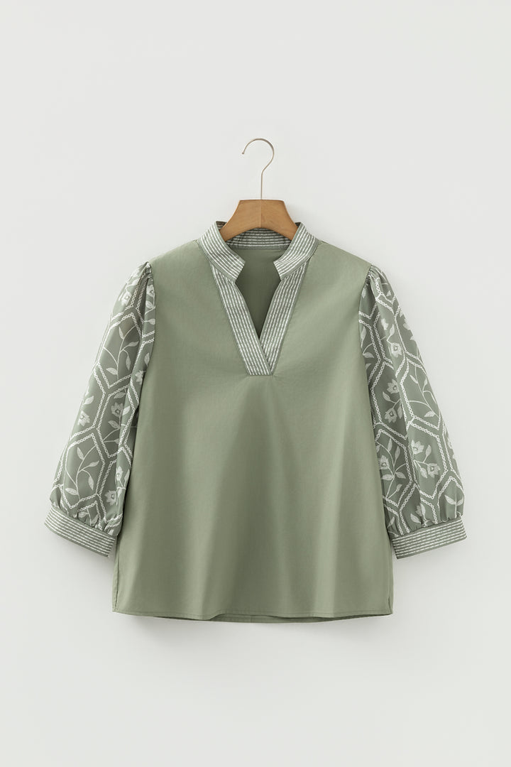 Grass Green Floral Puff Sleeve Contrast V Neck Patchwork Blouse