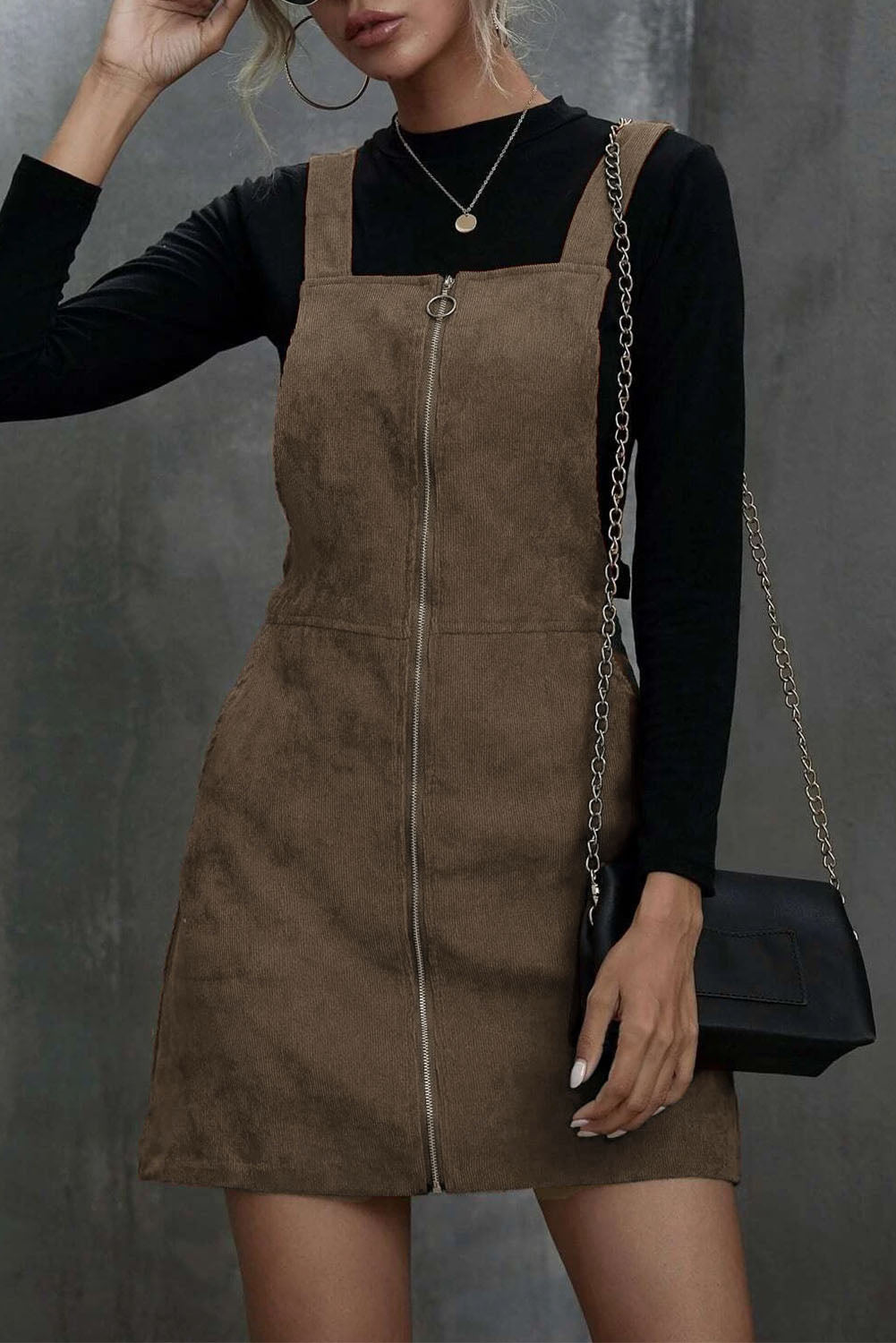 Brown O-ring Zip Up Pocketed Corduroy Dress