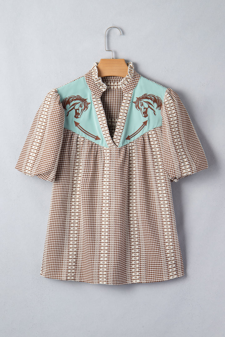 Red Western Pony Embroidered Yoke Puff Sleeve Gingham Blouse